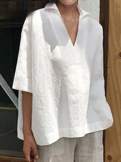 Verena™ | Solid V-neck Loose Mid-Sleeve Shirt
