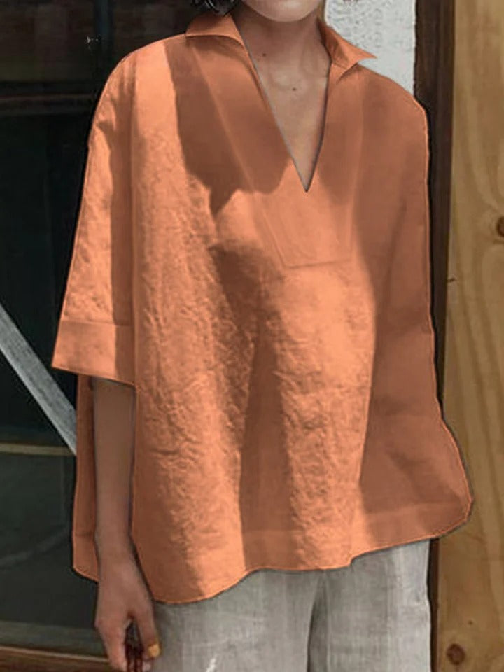Verena™ | Solid V-neck Loose Mid-Sleeve Shirt