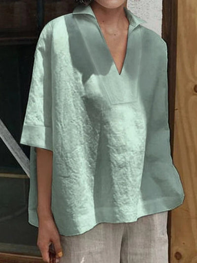 Verena™ | Solid V-neck Loose Mid-Sleeve Shirt