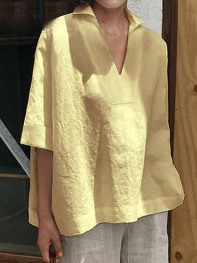 Verena™ | Solid V-neck Loose Mid-Sleeve Shirt