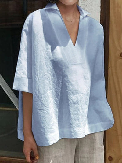 Verena™ | Solid V-neck Loose Mid-Sleeve Shirt