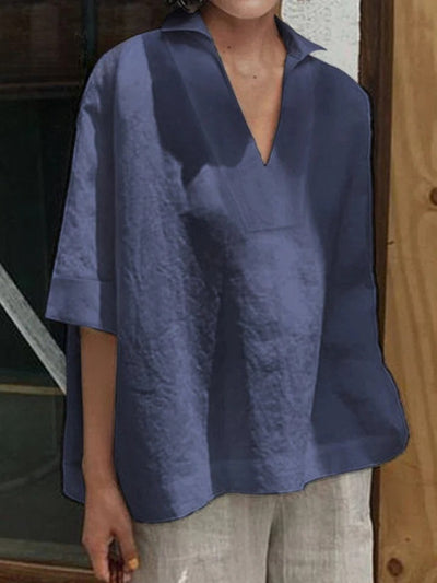 Verena™ | Solid V-neck Loose Mid-Sleeve Shirt