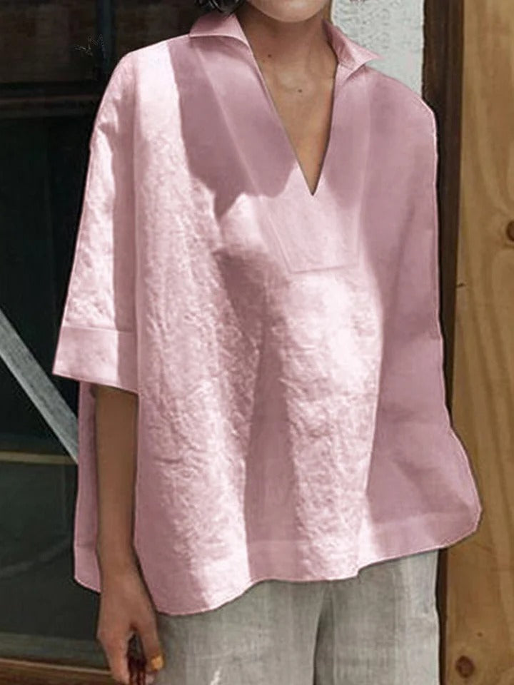 Verena™ | Solid V-neck Loose Mid-Sleeve Shirt